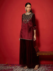 Women Maroon Velvet Front Embroidered Short Kurta-SHKUR00488