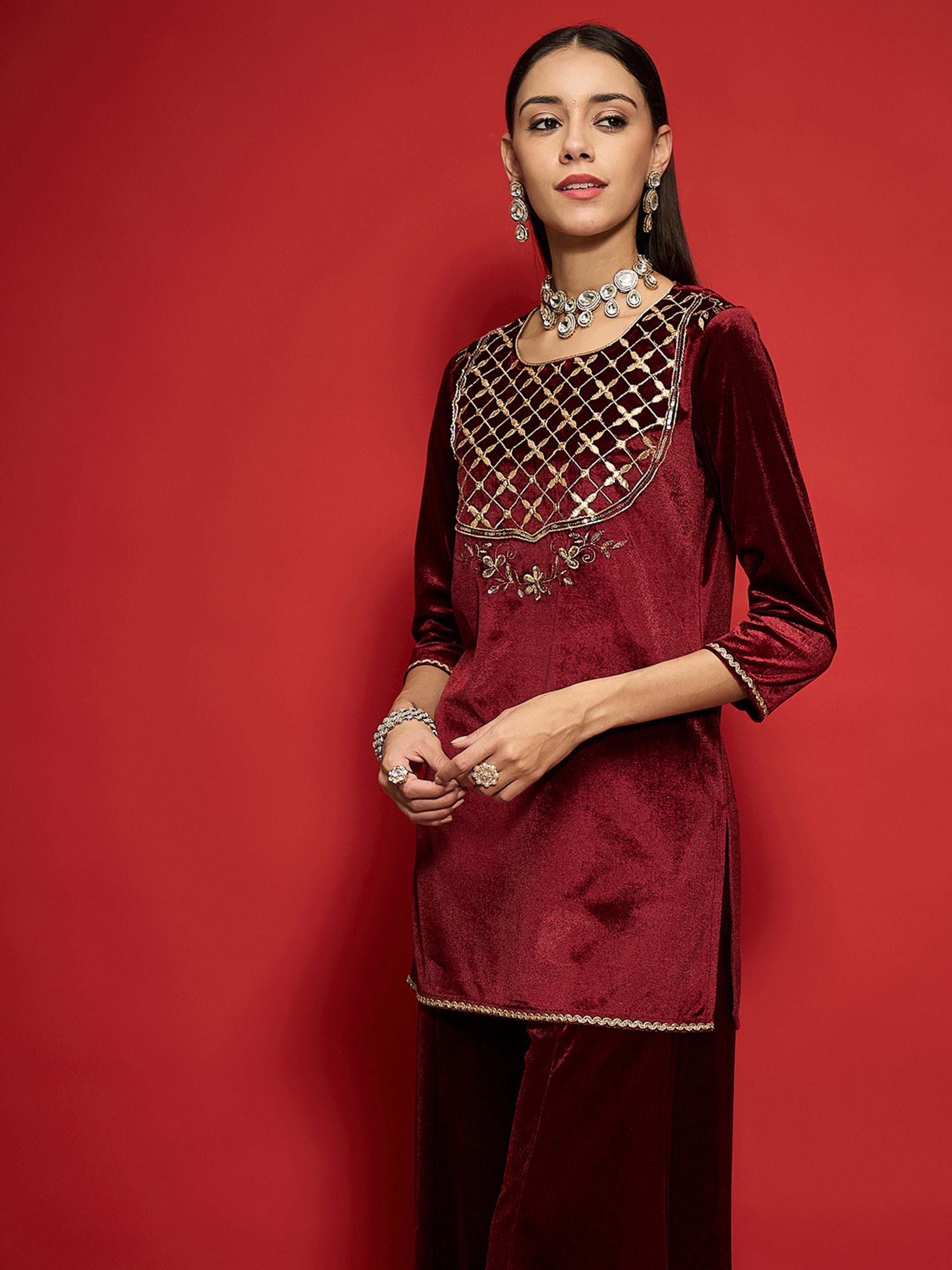 Women Maroon Velvet Front Embroidered Short Kurta-SHKUR00488