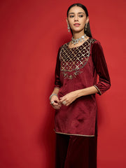 Women Maroon Velvet Front Embroidered Short Kurta-SHKUR00488