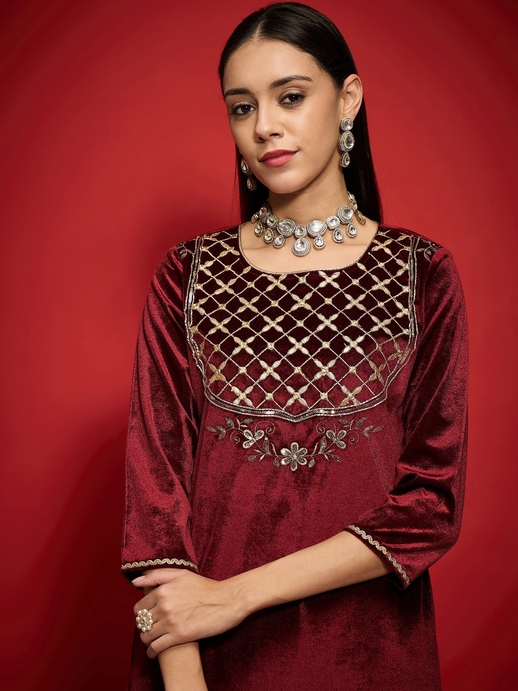 Women Maroon Velvet Front Embroidered Short Kurta-SHKUR00488