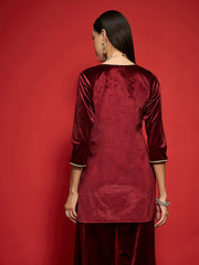 Women Maroon Velvet Front Embroidered Short Kurta-SHKUR00488