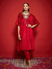 Women Red Velvet Front Embroidered Kaftan Kurta-SHKUR00489
