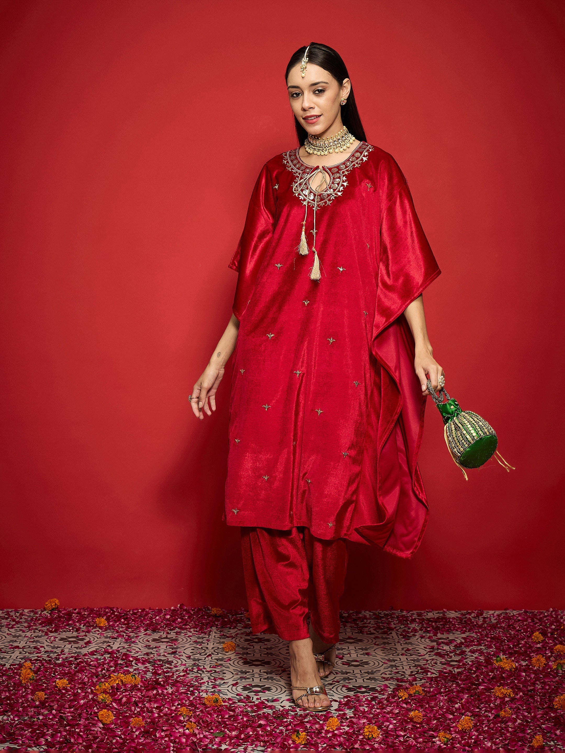 Women Red Velvet Front Embroidered Kaftan Kurta-SHKUR00489