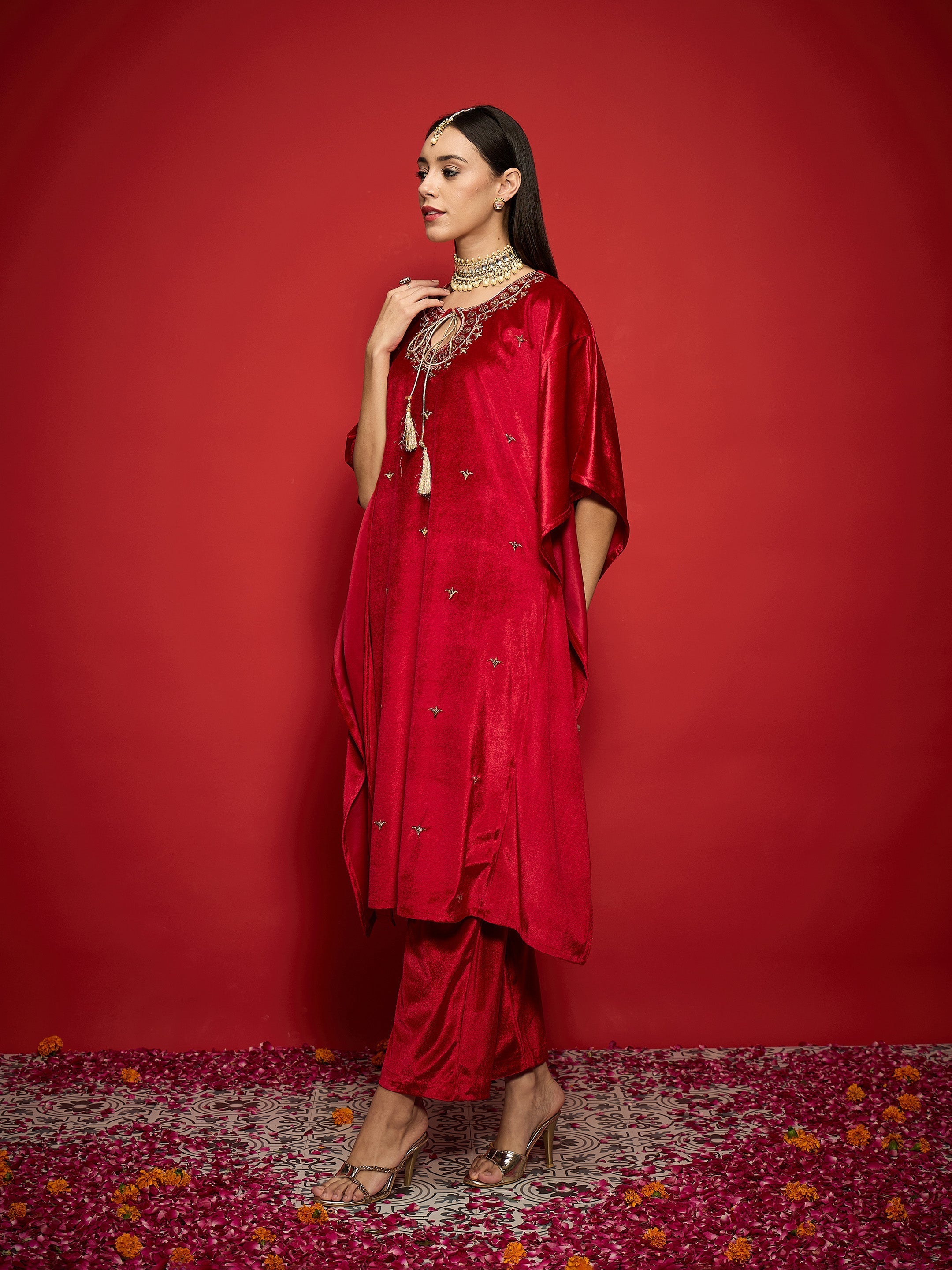Women Red Velvet Front Embroidered Kaftan Kurta-SHKUR00489