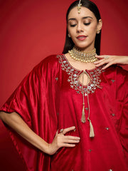 Women Red Velvet Front Embroidered Kaftan Kurta-SHKUR00489