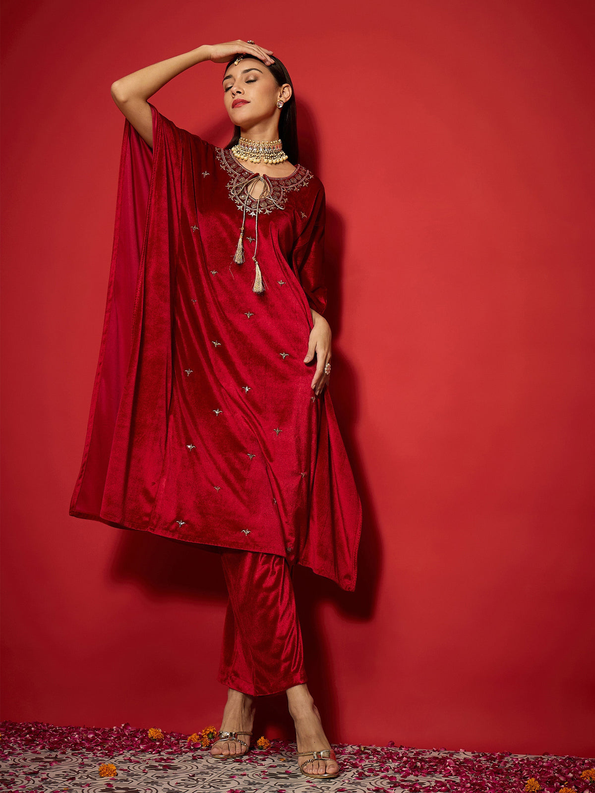 Women Red Velvet Embroidered Kaftan Kurta With Straight Pants-SHKUR00489_SHPANT50947