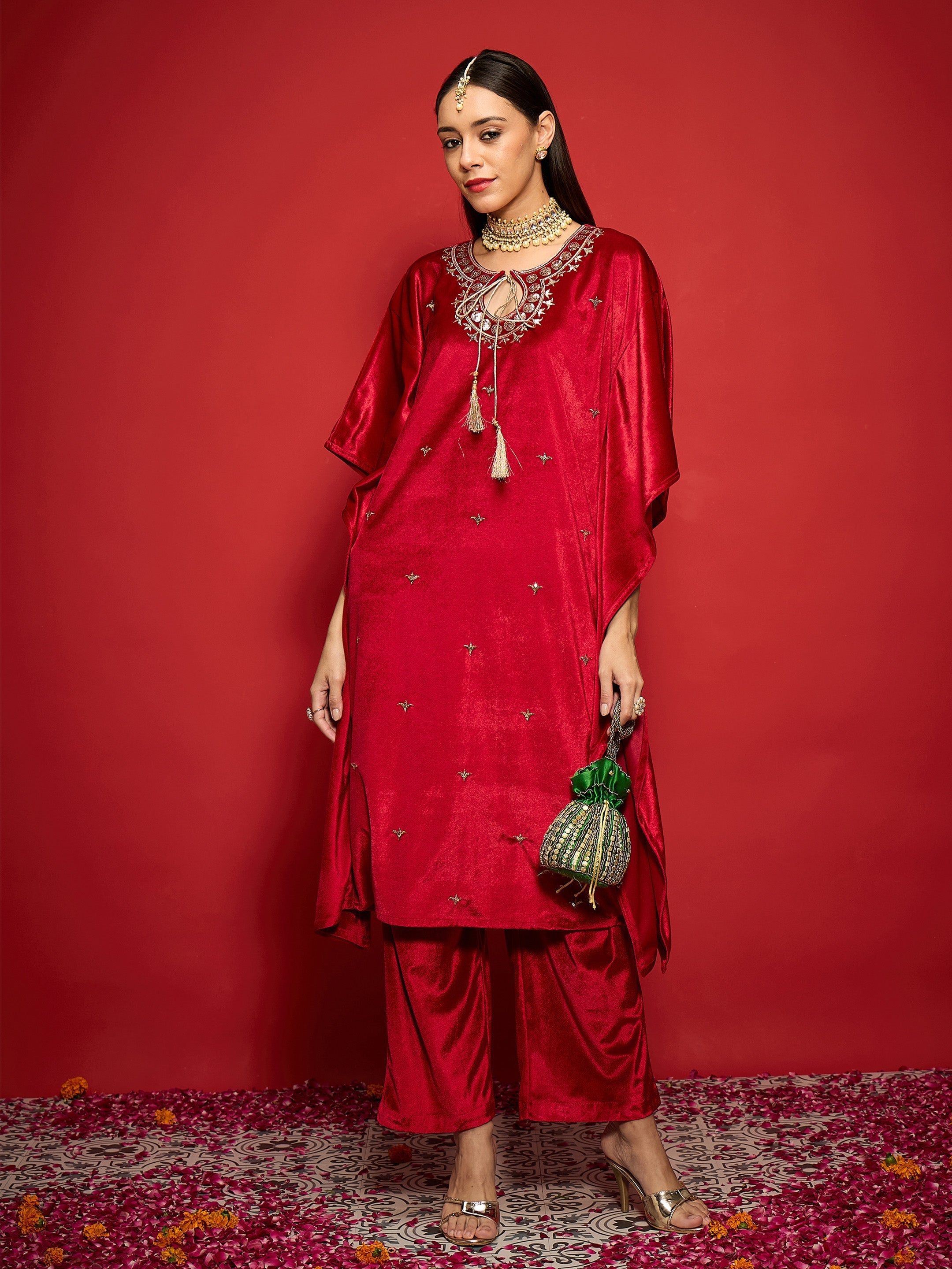 Women Red Velvet Embroidered Kaftan Kurta With Straight Pants-SHKUR00489_SHPANT50947