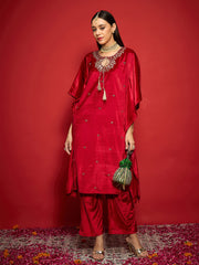 Women Red Velvet Embroidered Kaftan Kurta With Straight Pants-SHKUR00489_SHPANT50947