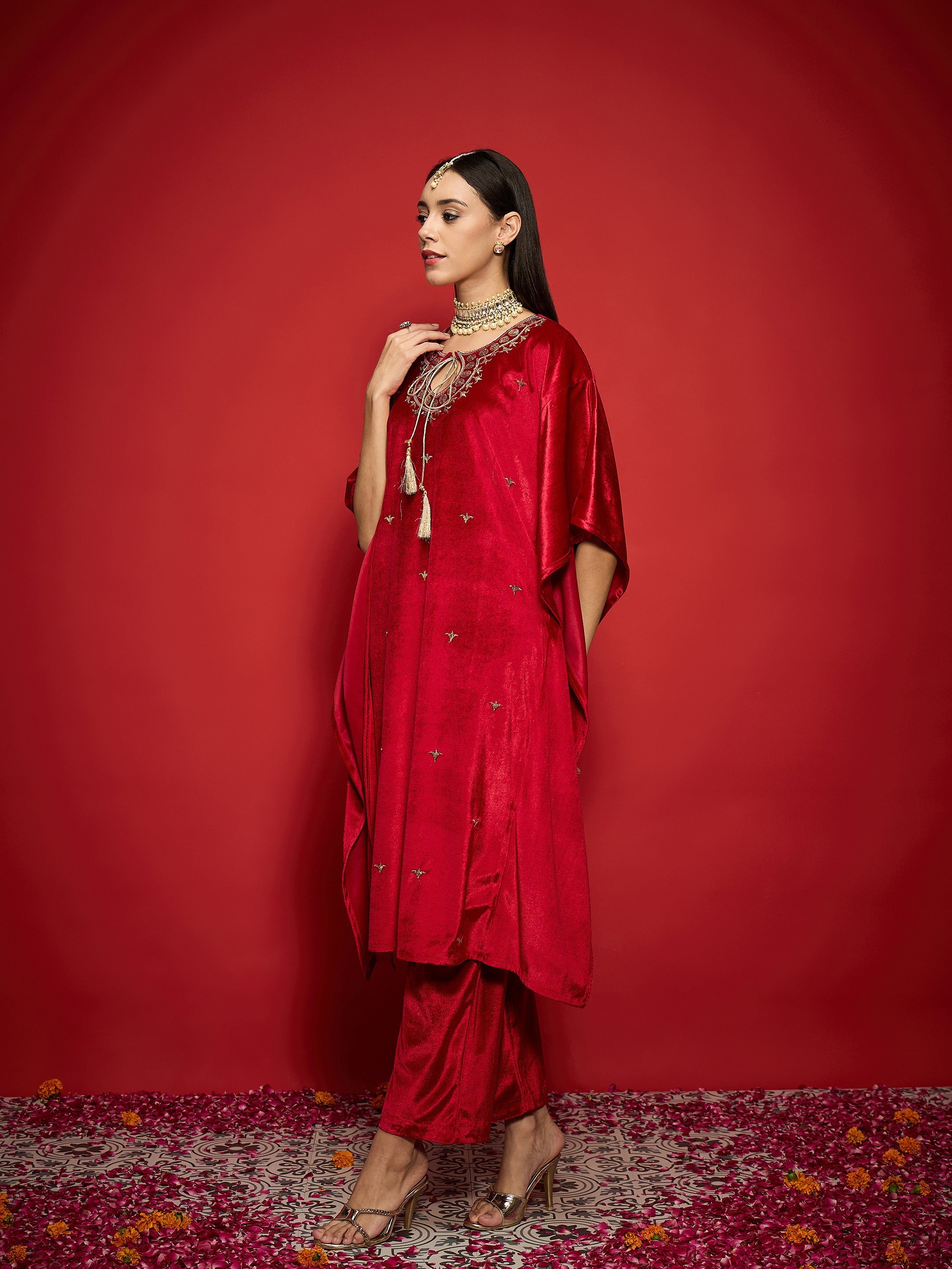 Women Red Velvet Embroidered Kaftan Kurta With Straight Pants-SHKUR00489_SHPANT50947