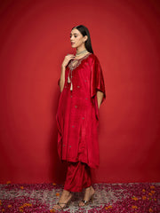Women Red Velvet Embroidered Kaftan Kurta With Straight Pants-SHKUR00489_SHPANT50947
