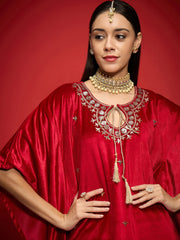 Women Red Velvet Embroidered Kaftan Kurta With Straight Pants-SHKUR00489_SHPANT50947
