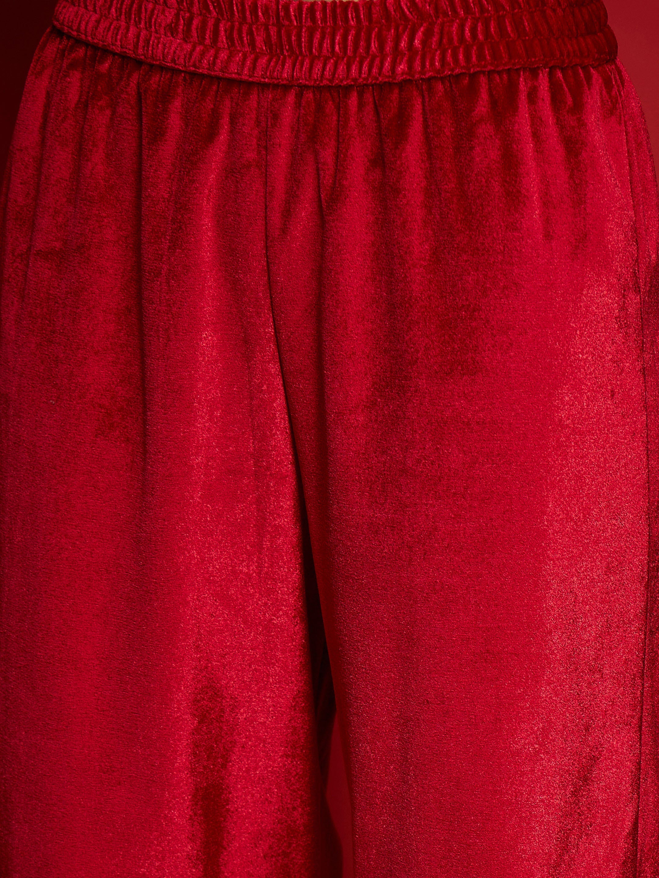Women Red Velvet Embroidered Kaftan Kurta With Straight Pants-SHKUR00489_SHPANT50947