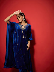Women Royal Blue Velvet Front Embroidered Kaftan Kurta-SHKUR00490