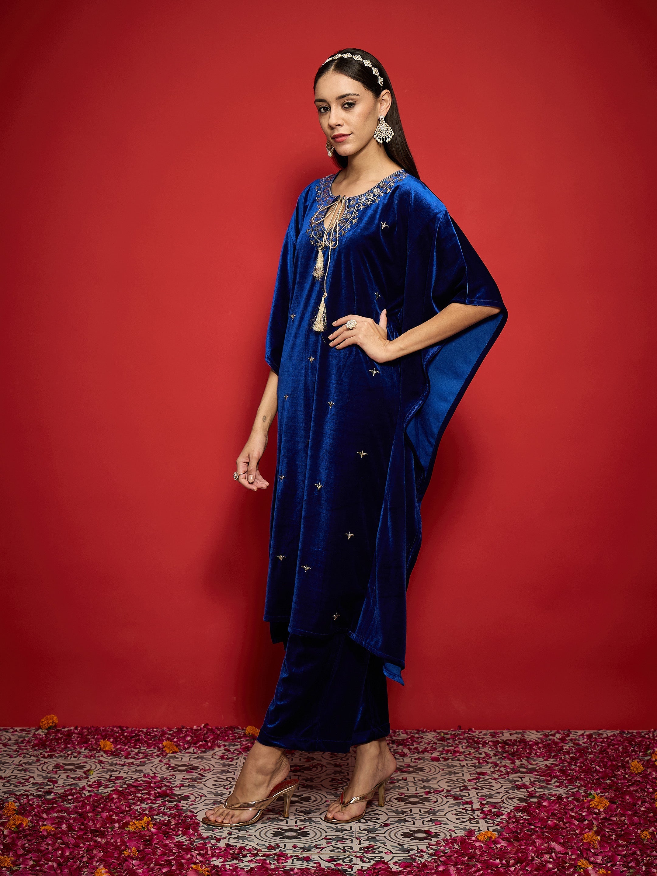 Women Royal Blue Velvet Front Embroidered Kaftan Kurta-SHKUR00490