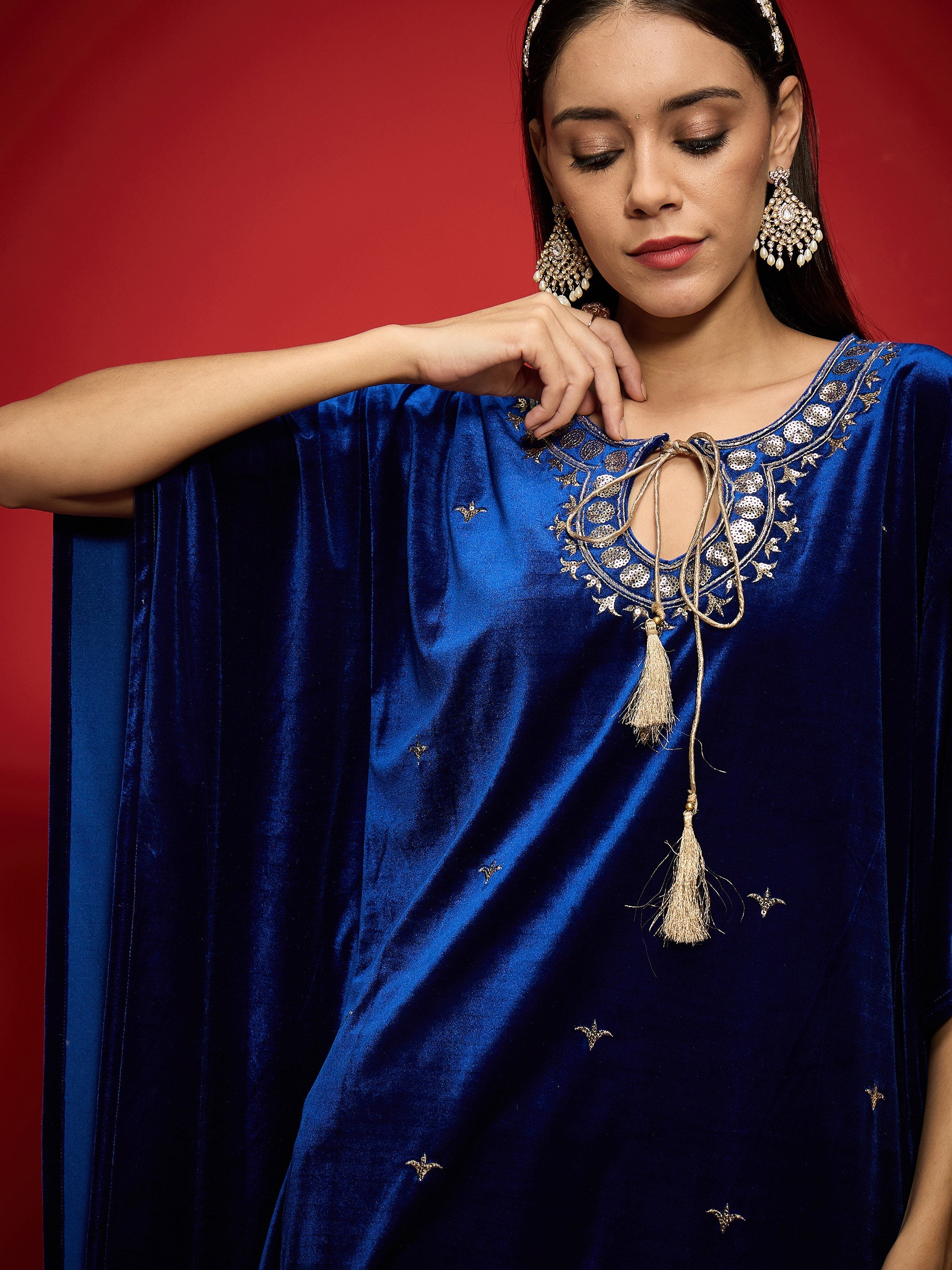Women Royal Blue Velvet Front Embroidered Kaftan Kurta-SHKUR00490