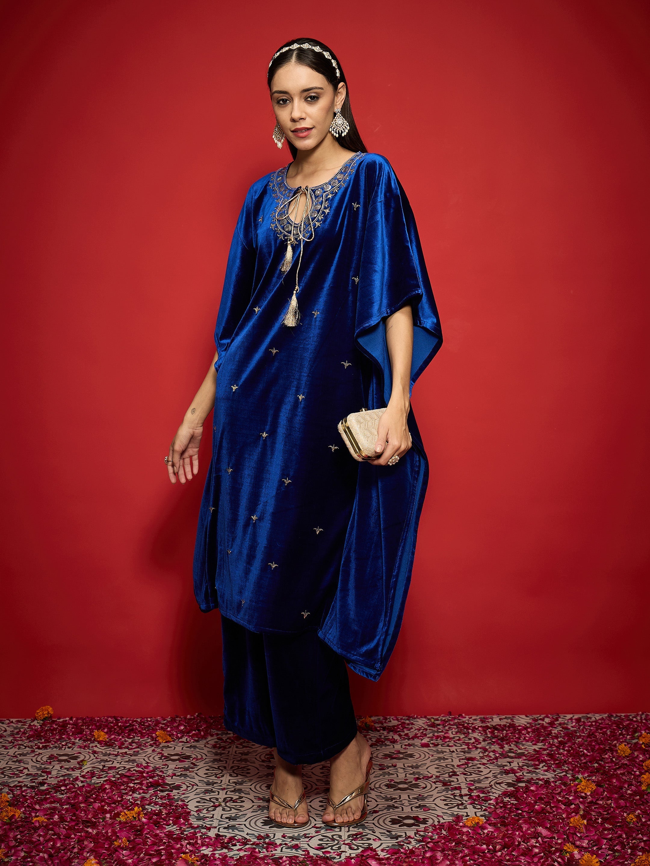 Women Royal Blue Velvet Embroidered Kaftan Kurta With Straight Pants-SHKUR00490_SHPANT50946 Women Royal Blue Velvet Embroidered Kaftan Kurta With Straight Pants-SHKUR00490_SHPANT50946