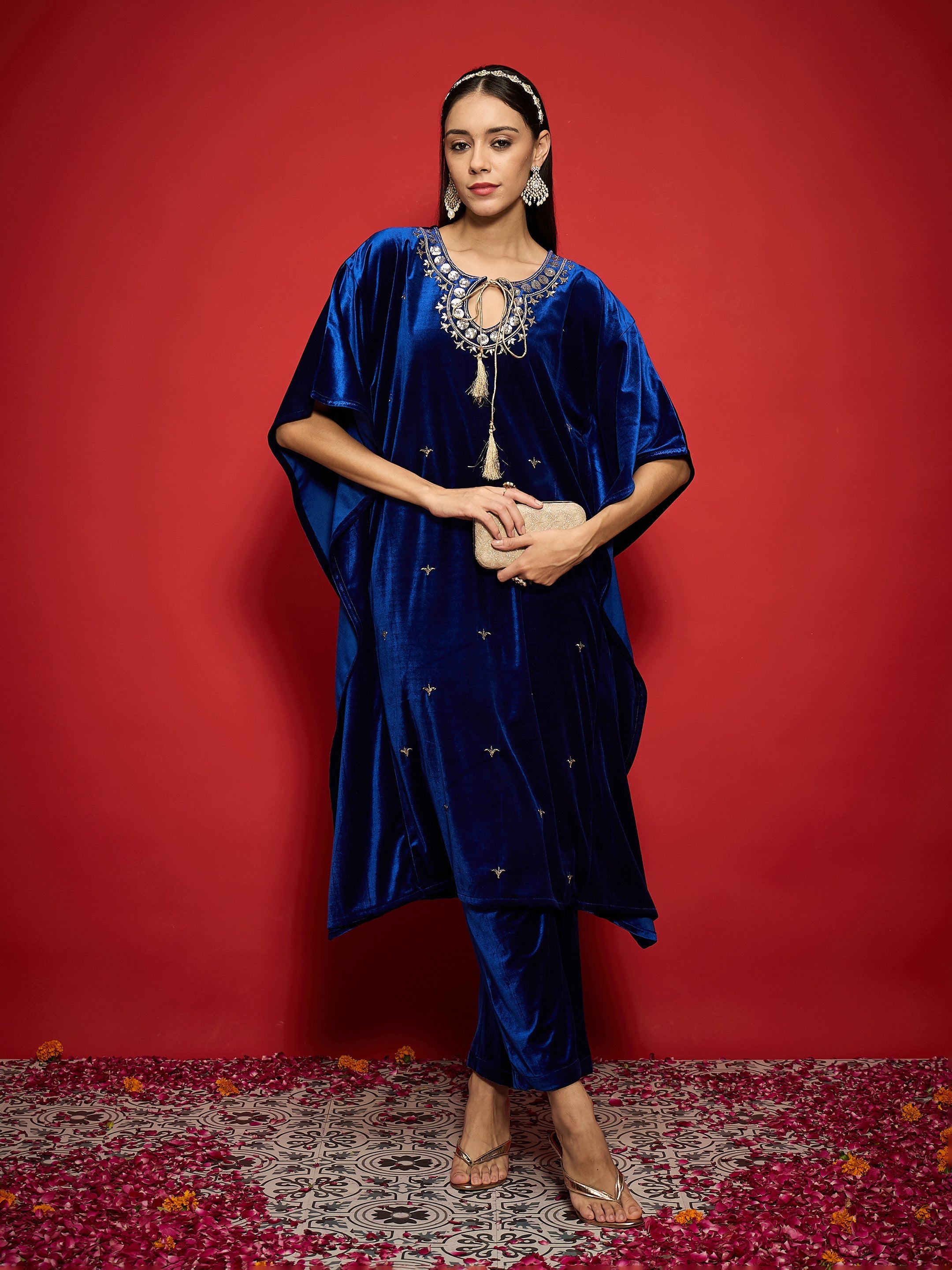 Women Royal Blue Velvet Embroidered Kaftan Kurta With Straight Pants-SHKUR00490_SHPANT50946