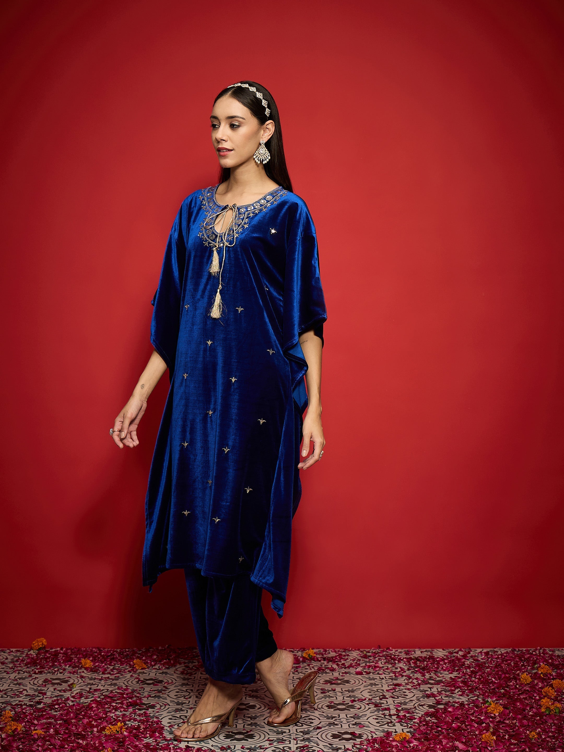 Women Royal Blue Velvet Embroidered Kaftan Kurta With Straight Pants-SHKUR00490_SHPANT50946