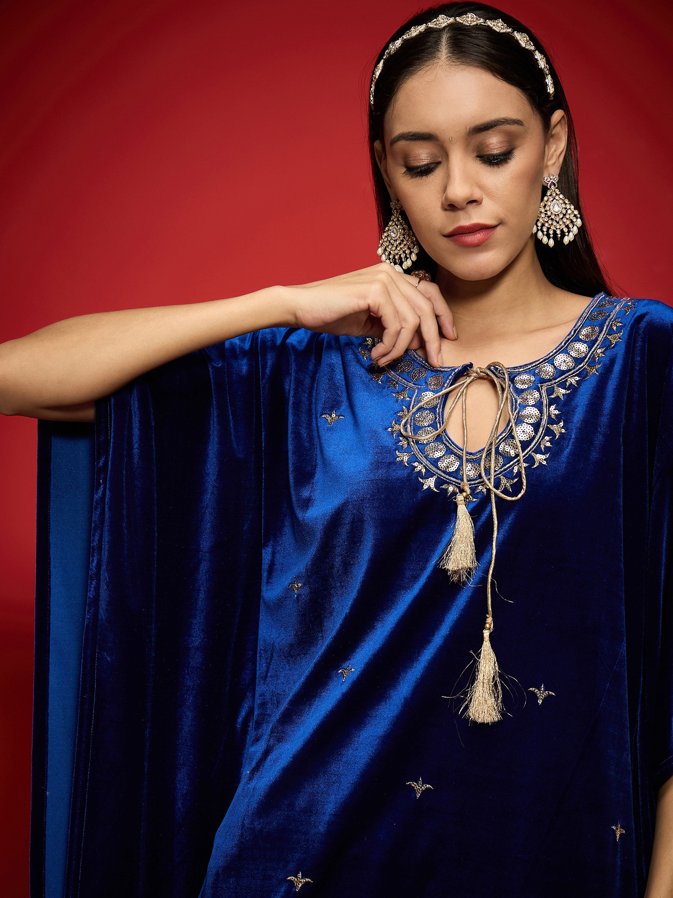 Women Royal Blue Velvet Embroidered Kaftan Kurta With Straight Pants-SHKUR00490_SHPANT50946
