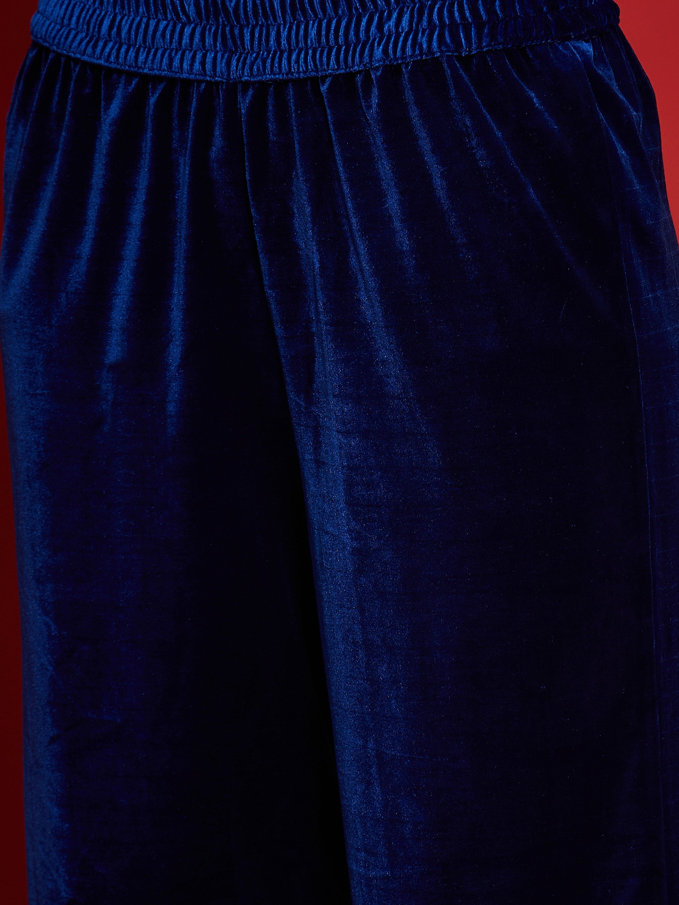 Women Royal Blue Velvet Embroidered Kaftan Kurta With Straight Pants-SHKUR00490_SHPANT50946