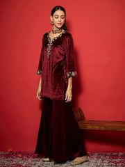 Women Maroon Velvet V-Neck Short Kurta With Palazzo Pants-SHKUR00493_SHPAN51056