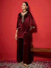 Women Maroon Velvet V-Neck Short Kurta With Palazzo Pants-SHKUR00493_SHPAN51056