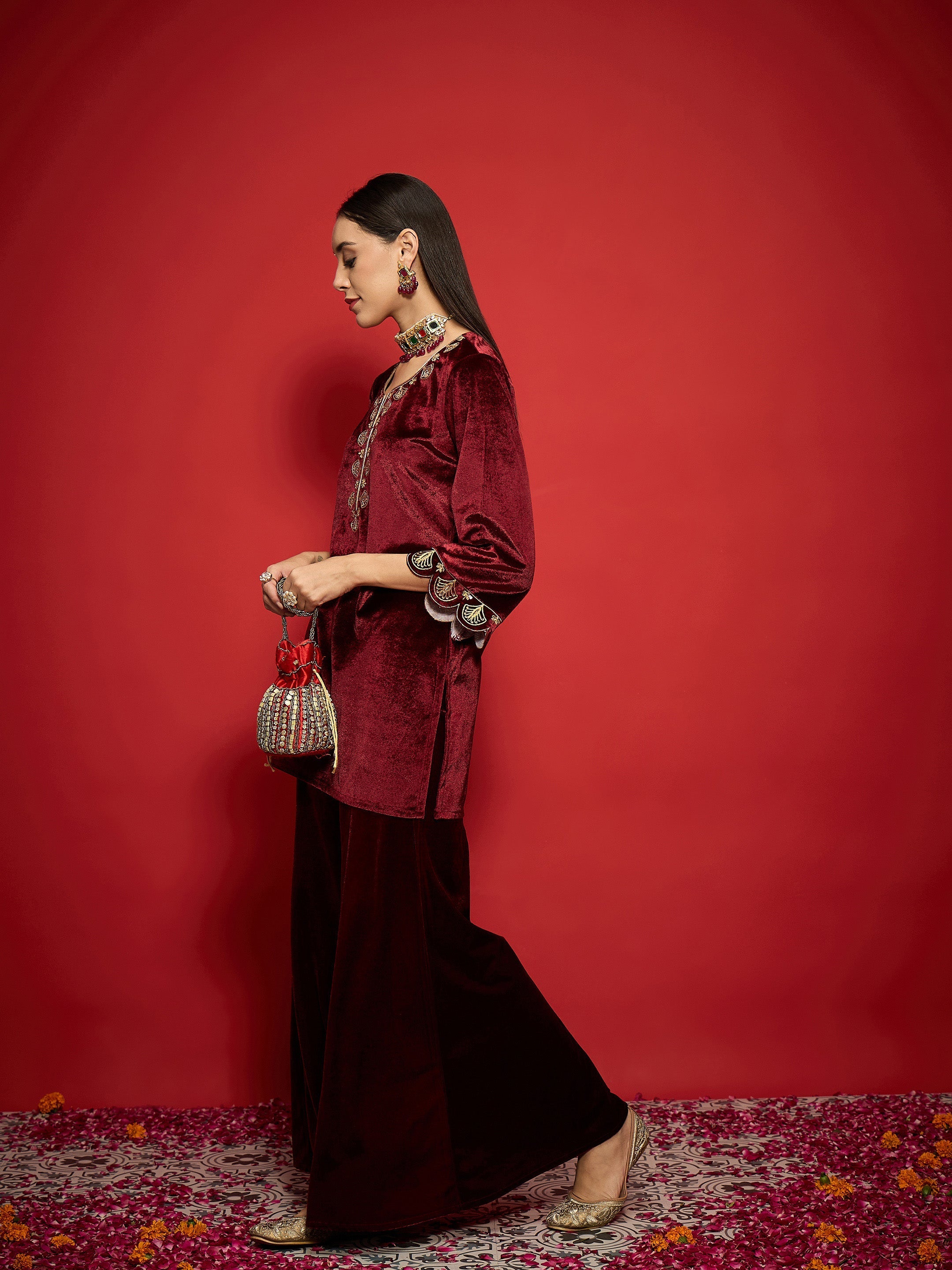 Women Maroon Velvet V-Neck Short Kurta With Palazzo Pants-SHKUR00493_SHPAN51056
