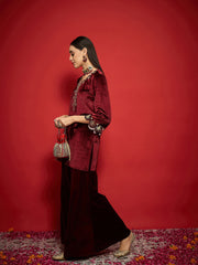 Women Maroon Velvet V-Neck Short Kurta With Palazzo Pants-SHKUR00493_SHPAN51056