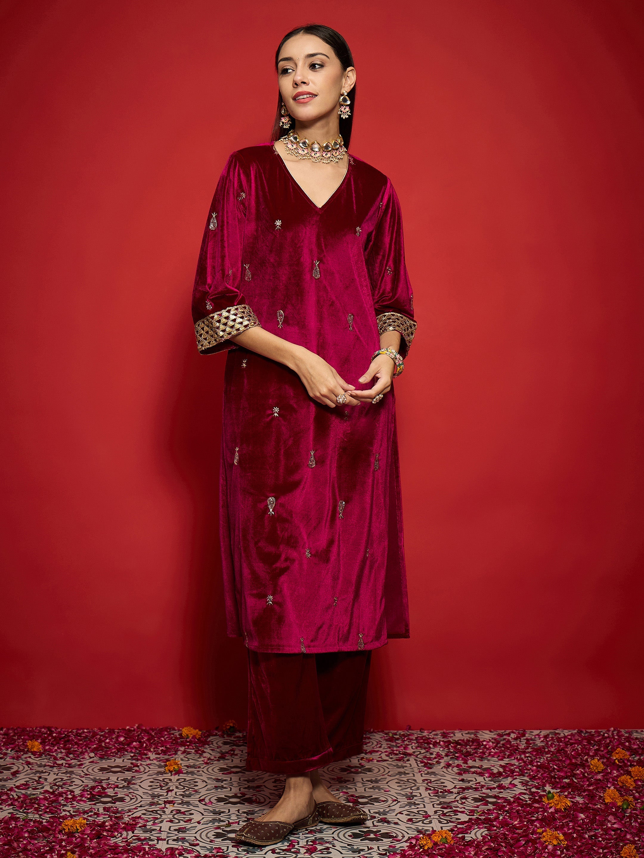 Women Fuchsia Velvet All Over Embroidered Kurta With Straight Pants-SHKUR00495_SHPAN50988