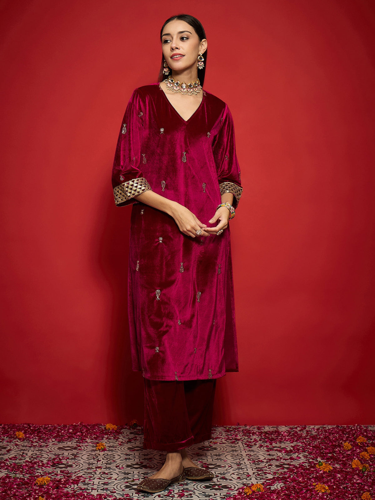 Women Fuchsia Velvet All Over Embroidered Kurta With Straight Pants-SHKUR00495_SHPAN50988