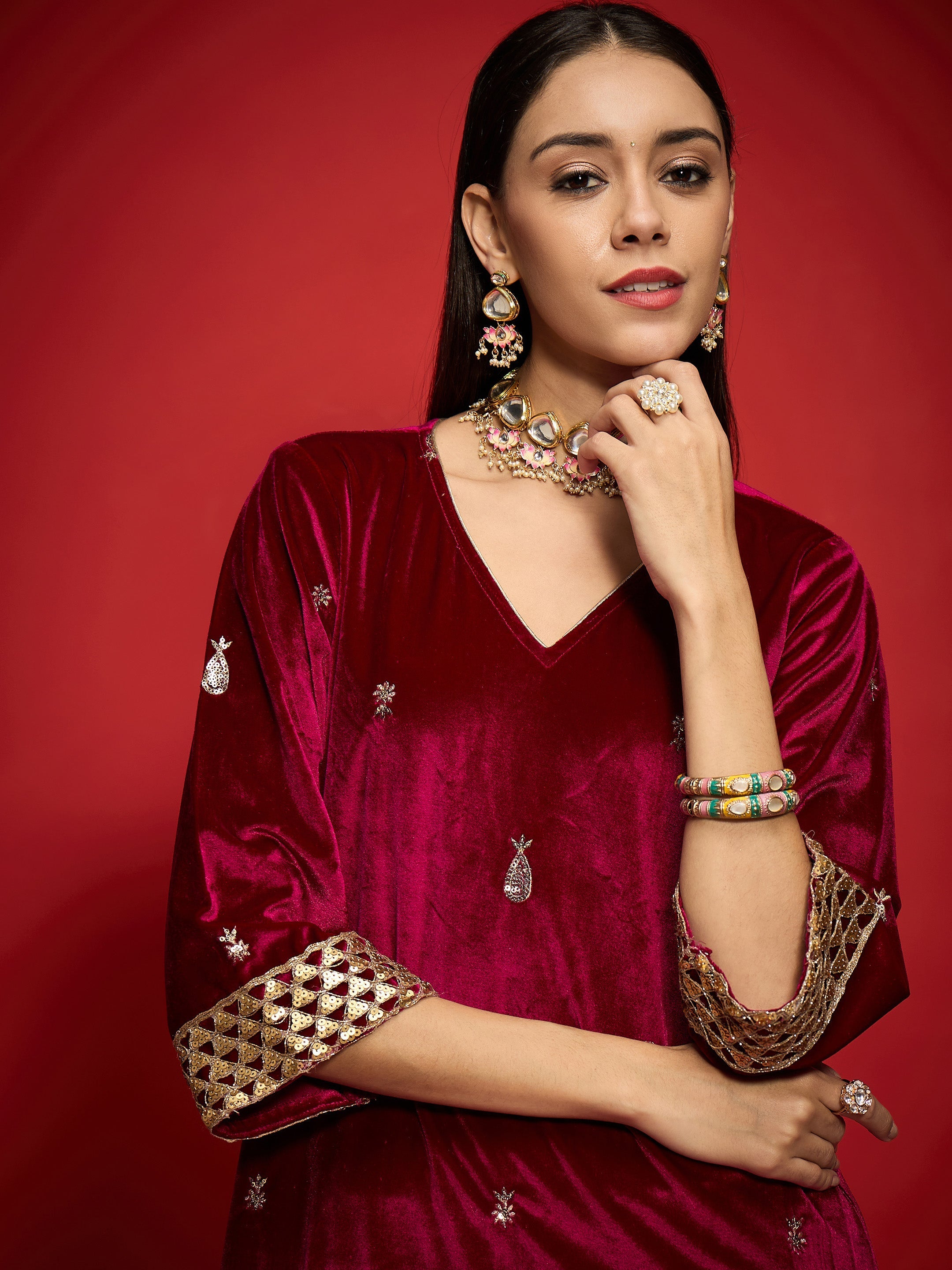 Women Fuchsia Velvet All Over Embroidered Kurta With Straight Pants-SHKUR00495_SHPAN50988