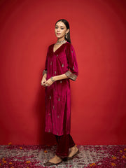Women Fuchsia Velvet All Over Embroidered Kurta With Straight Pants-SHKUR00495_SHPAN50988