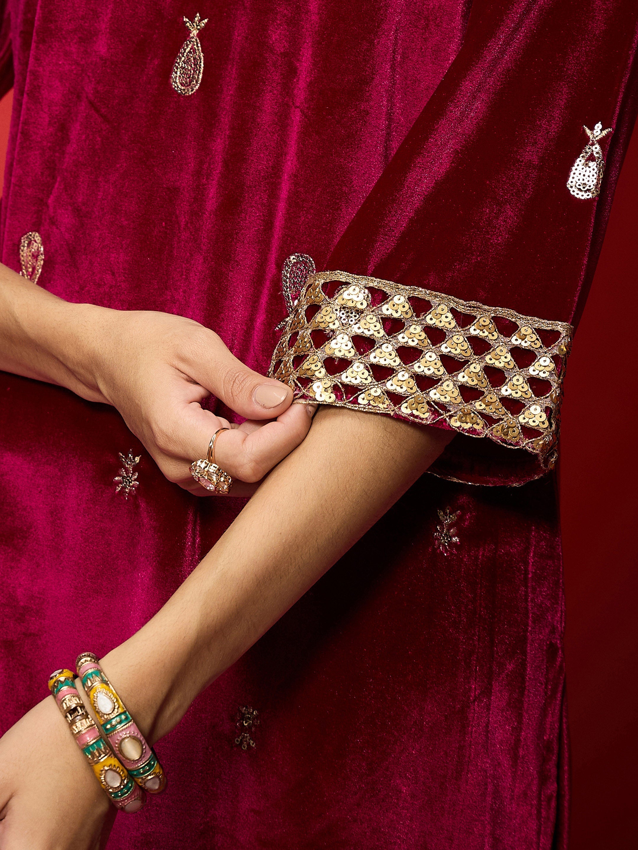 Women Fuchsia Velvet All Over Embroidered Kurta With Straight Pants-SHKUR00495_SHPAN50988