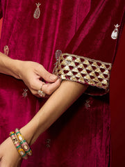 Women Fuchsia Velvet All Over Embroidered Kurta With Straight Pants-SHKUR00495_SHPAN50988