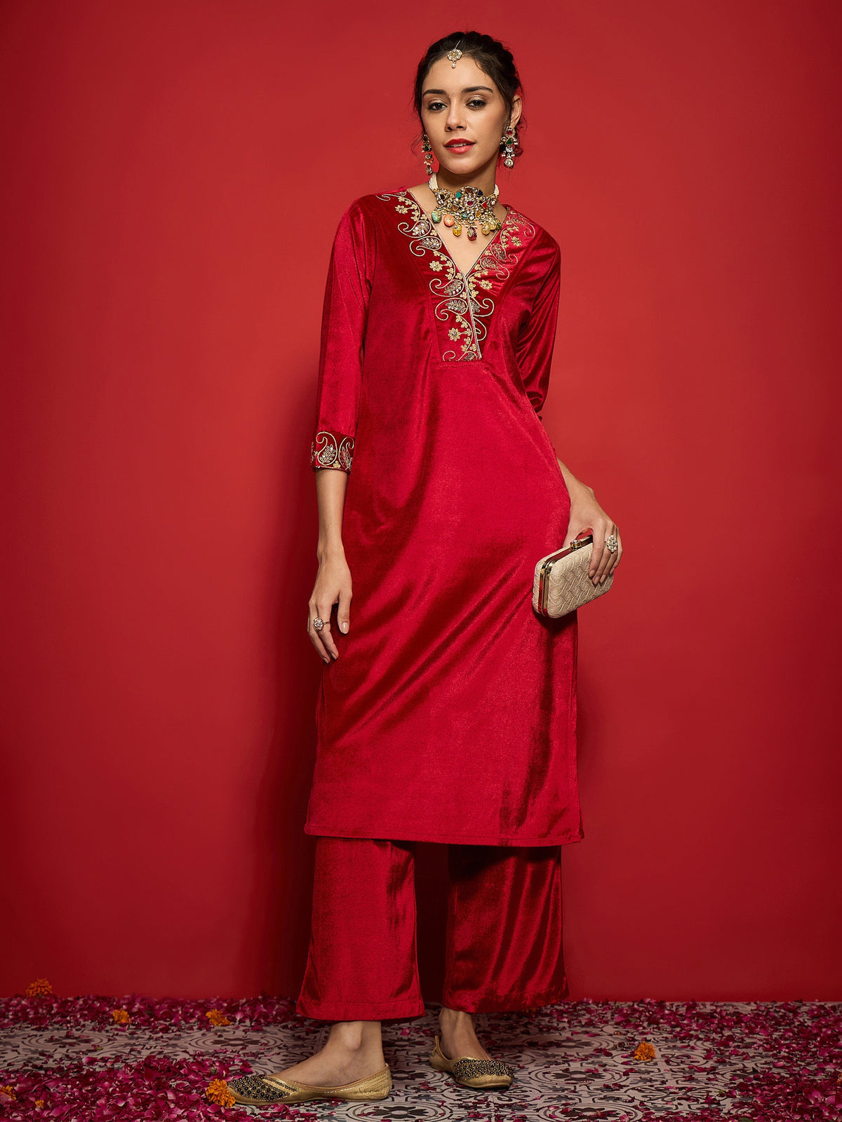 Women Red Velvet Embroidered V-Neck Kurta With Straight Pants-SHKUR00498_SHPANT50947