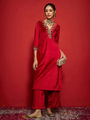 Women Red Velvet Embroidered V-Neck Kurta With Straight Pants-SHKUR00498_SHPANT50947