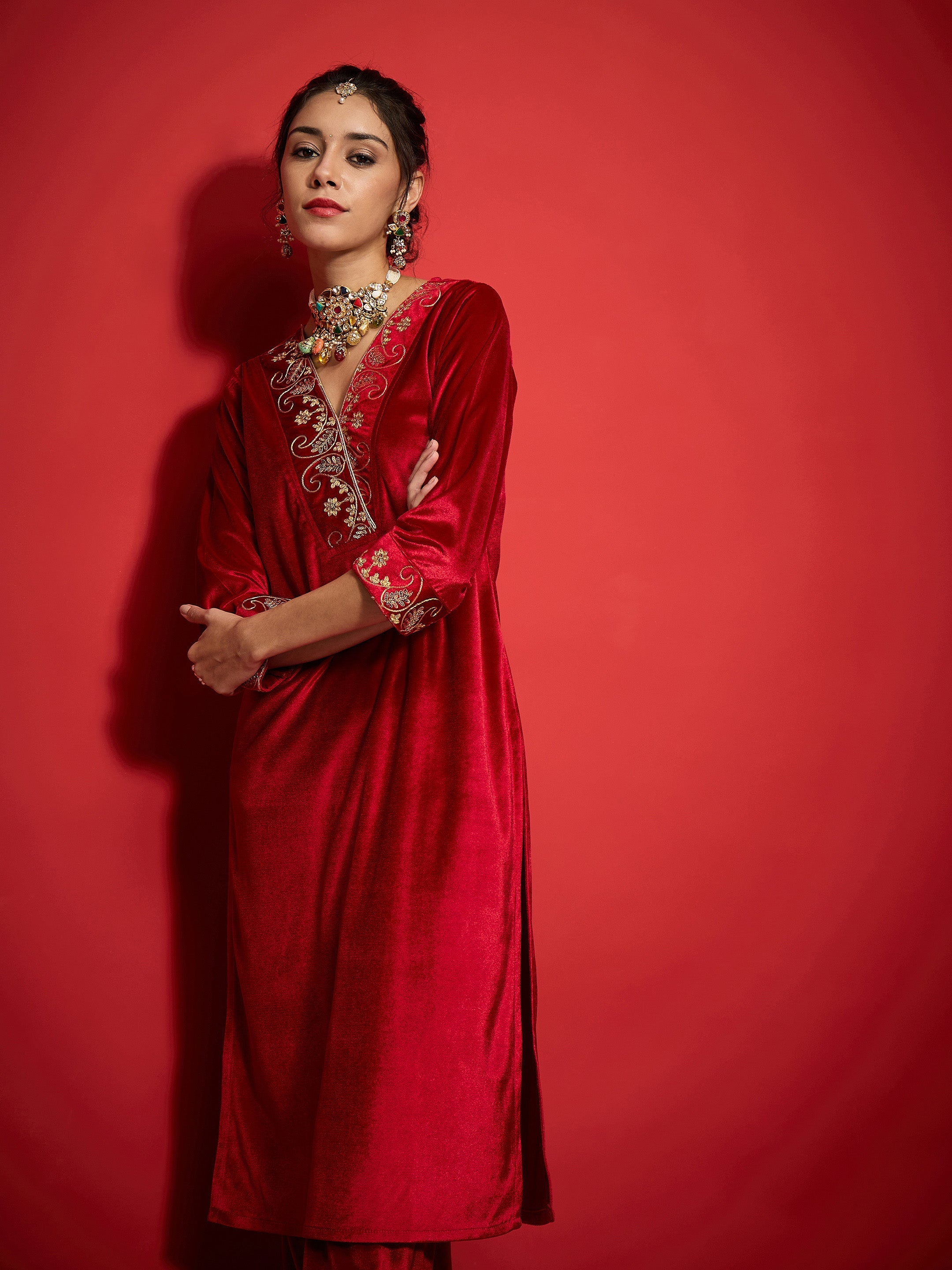Women Red Velvet Embroidered V-Neck Kurta With Straight Pants-SHKUR00498_SHPANT50947