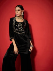 Women Black Velvet Embroidered Round Neck Short Kurta-SHKUR00500