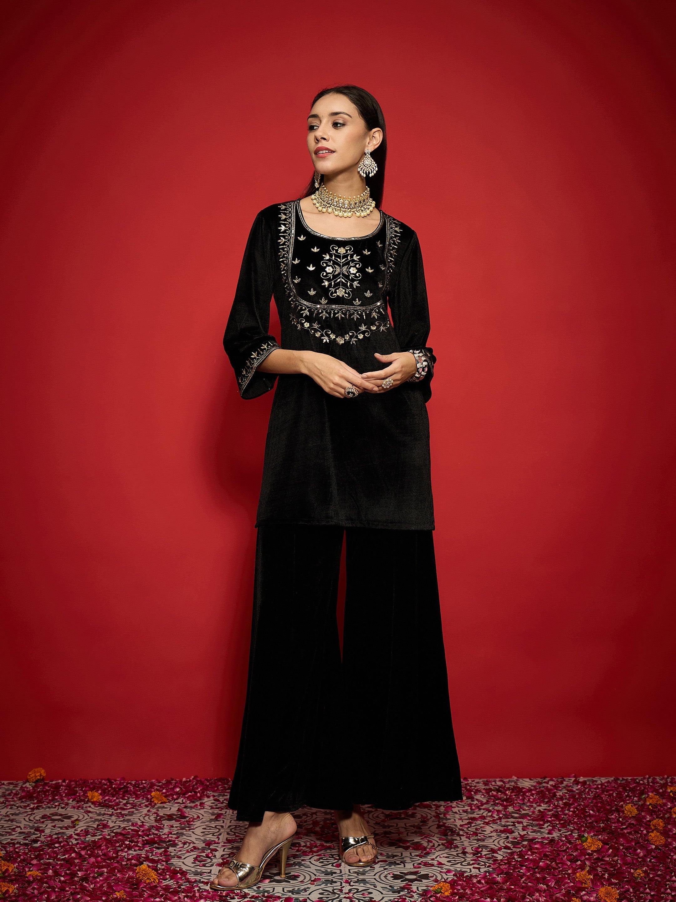 Women Black Velvet Embroidered Round Neck Short Kurta-SHKUR00500
