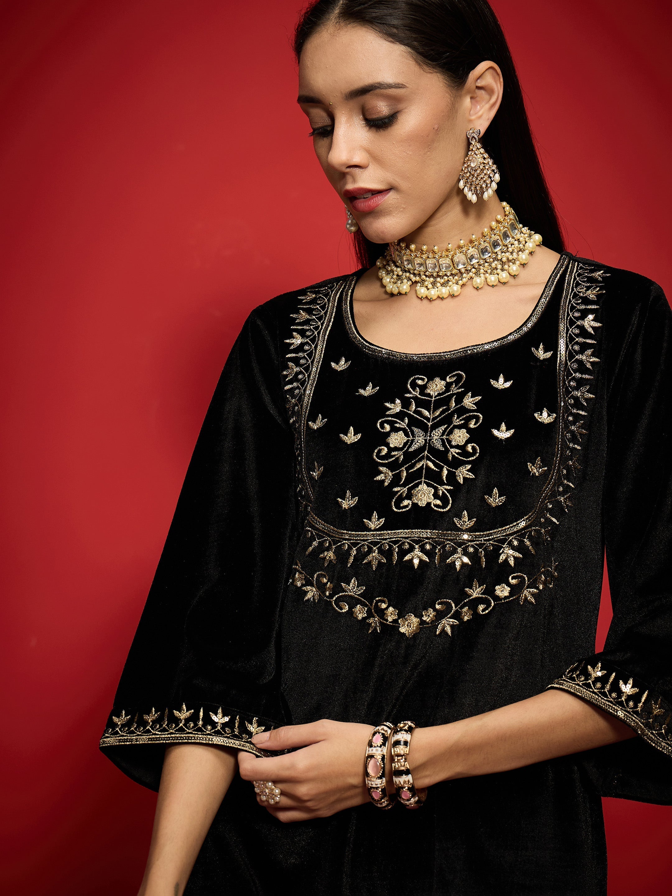 Women Black Velvet Embroidered Round Neck Short Kurta-SHKUR00500