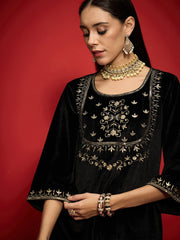 Women Black Velvet Embroidered Round Neck Short Kurta-SHKUR00500