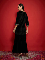 Women Black Velvet Embroidered Round Neck Short Kurta-SHKUR00500
