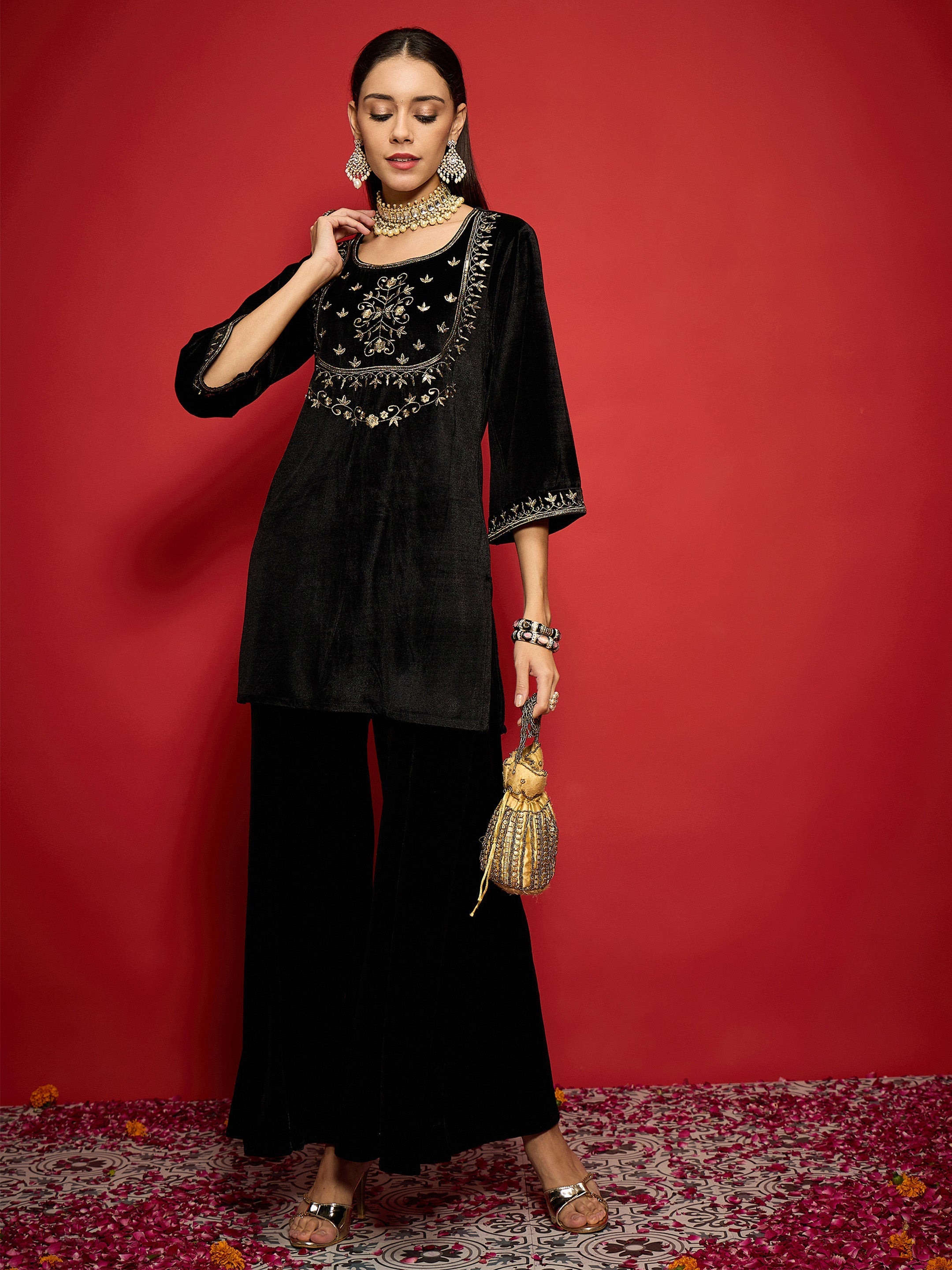 Women Black Velvet Embroidered Short Kurta With Palazzo Pants-SHKUR00500_SHPAN51057