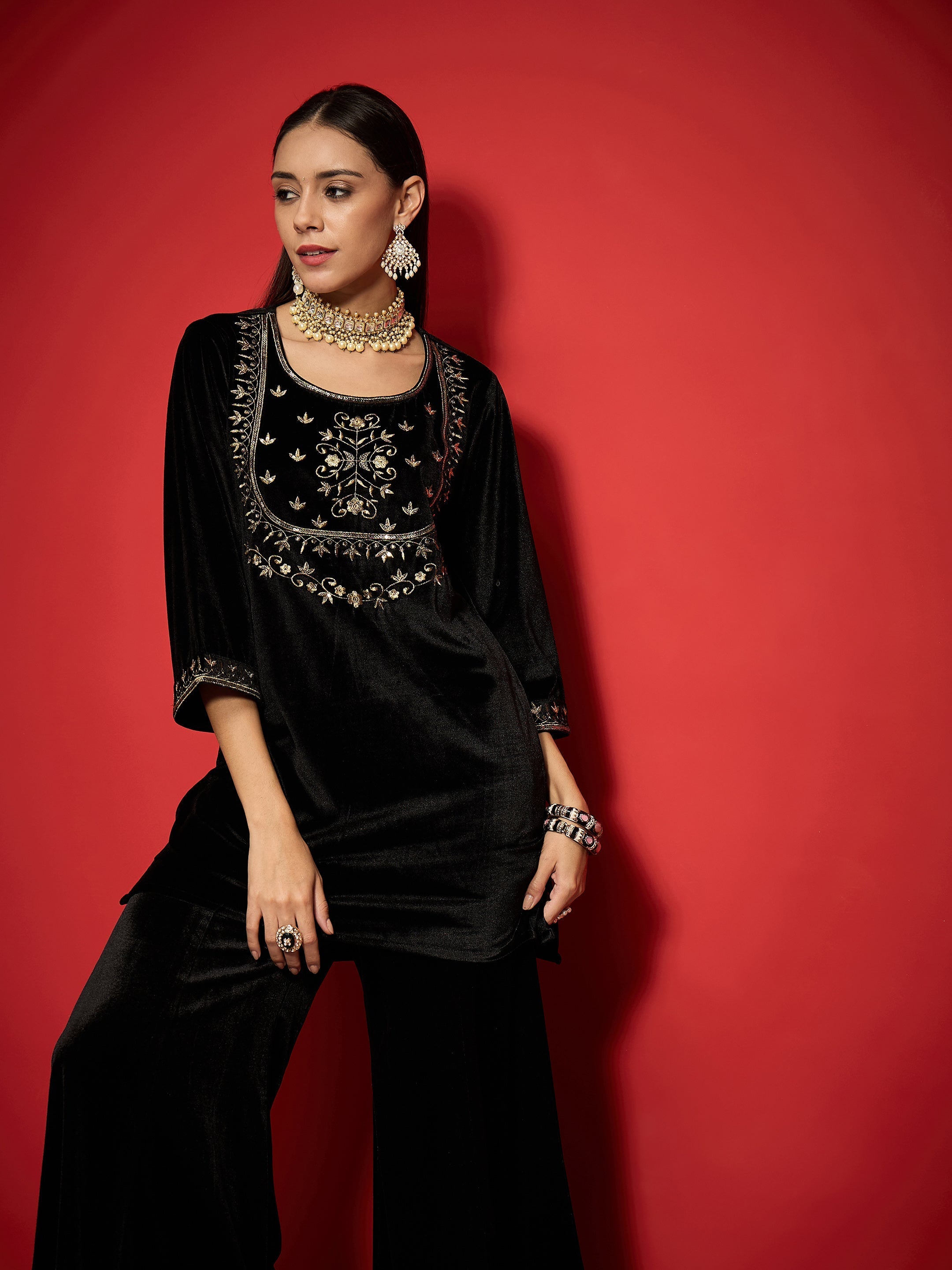 Women Black Velvet Embroidered Short Kurta With Palazzo Pants-SHKUR00500_SHPAN51057