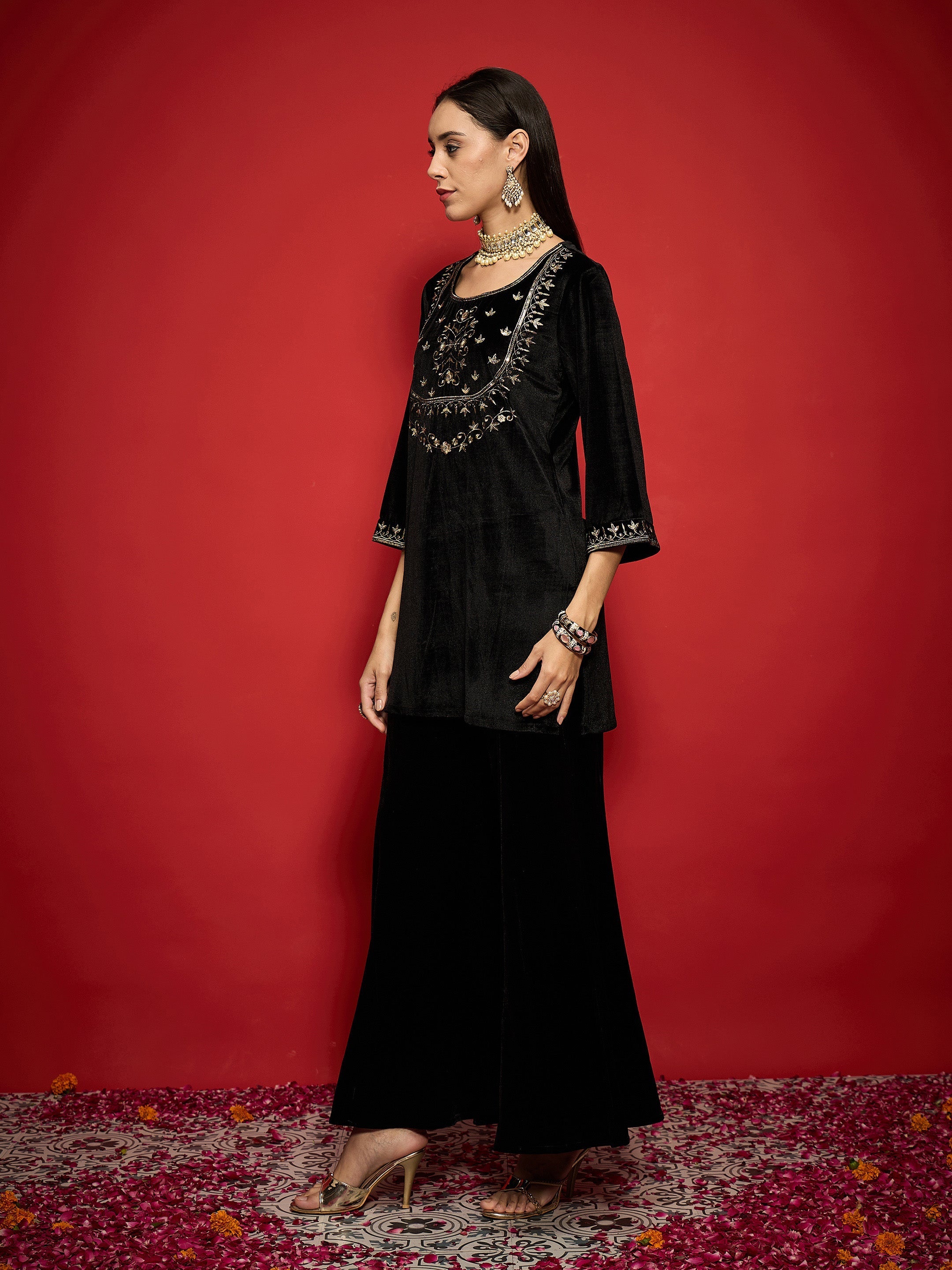 Women Black Velvet Embroidered Short Kurta With Palazzo Pants-SHKUR00500_SHPAN51057