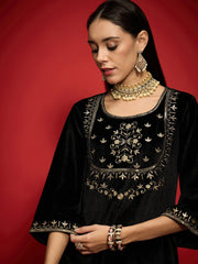 Women Black Velvet Embroidered Short Kurta With Palazzo Pants-SHKUR00500_SHPAN51057