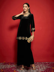 Women Black Velvet Front Embroidered Glass Neck Short Kurta-SHKUR00502