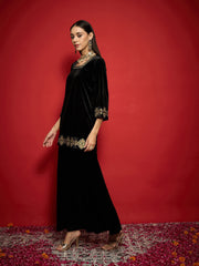 Women Black Velvet Front Embroidered Glass Neck Short Kurta-SHKUR00502