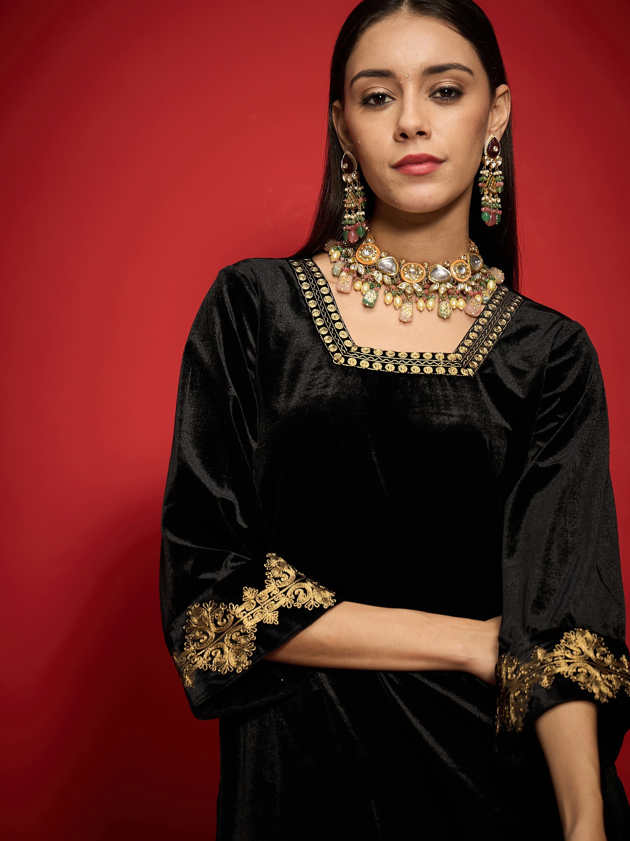 Women Black Velvet Front Embroidered Glass Neck Short Kurta-SHKUR00502
