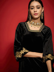 Women Black Velvet Front Embroidered Glass Neck Short Kurta-SHKUR00502